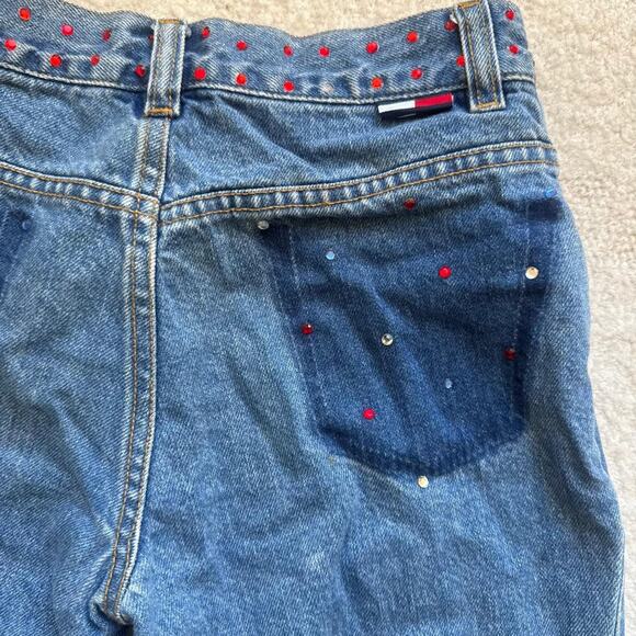 TOMMY JEANS Y2K Low Rise Rhinestone Split Flare Denim Stars Logo Retro Size 0 - Picture 9 of 13